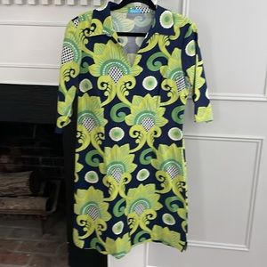 J. McLaughlin Dress Popover Cotton Spandex Size 8 Retro Green Blue 1970s